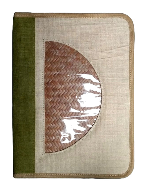 Close-up of a handcrafted eco-friendly jute document holder featuring  reinforced stitching for professional use.