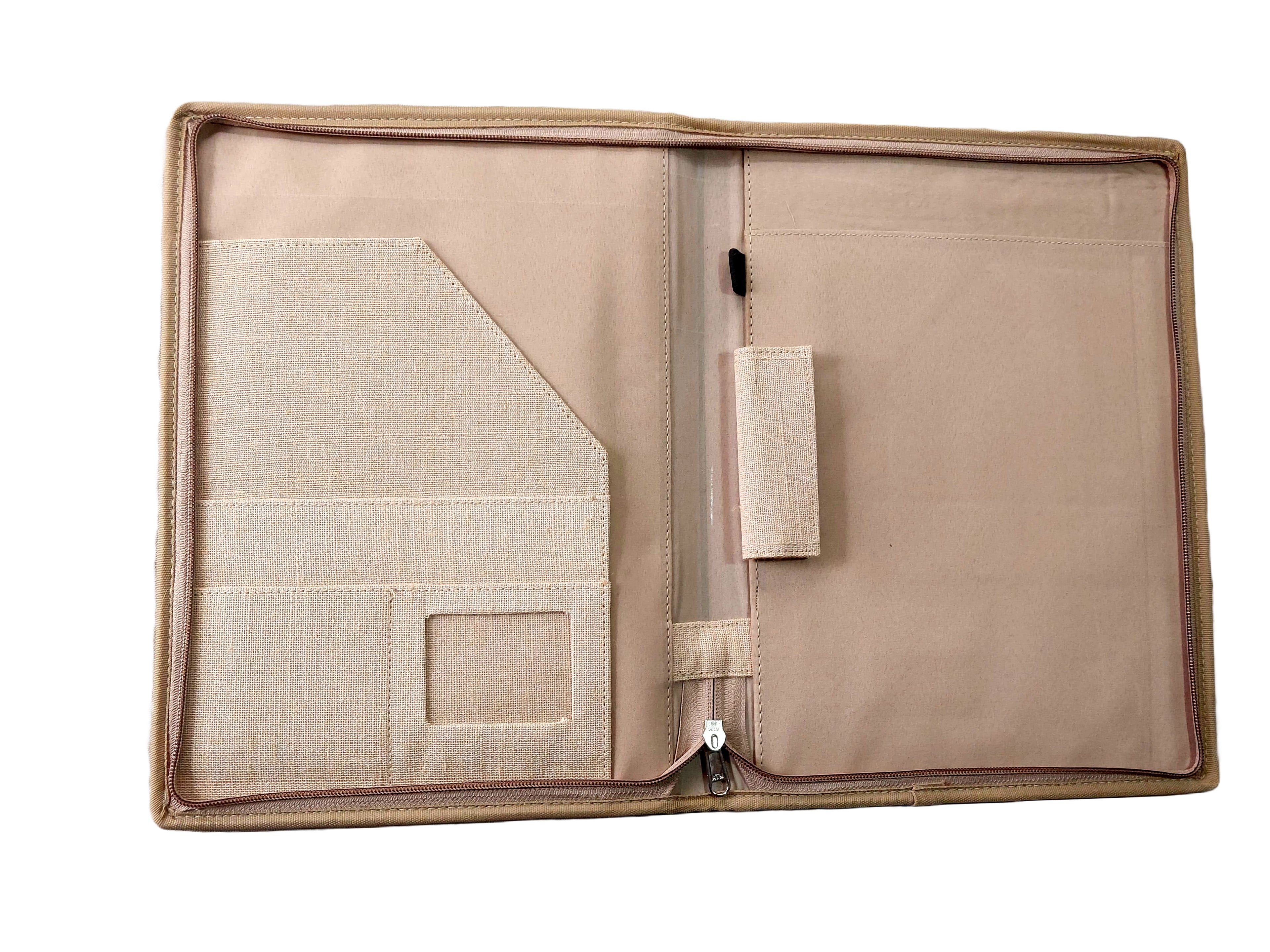Jute document holder with zipper on a white background