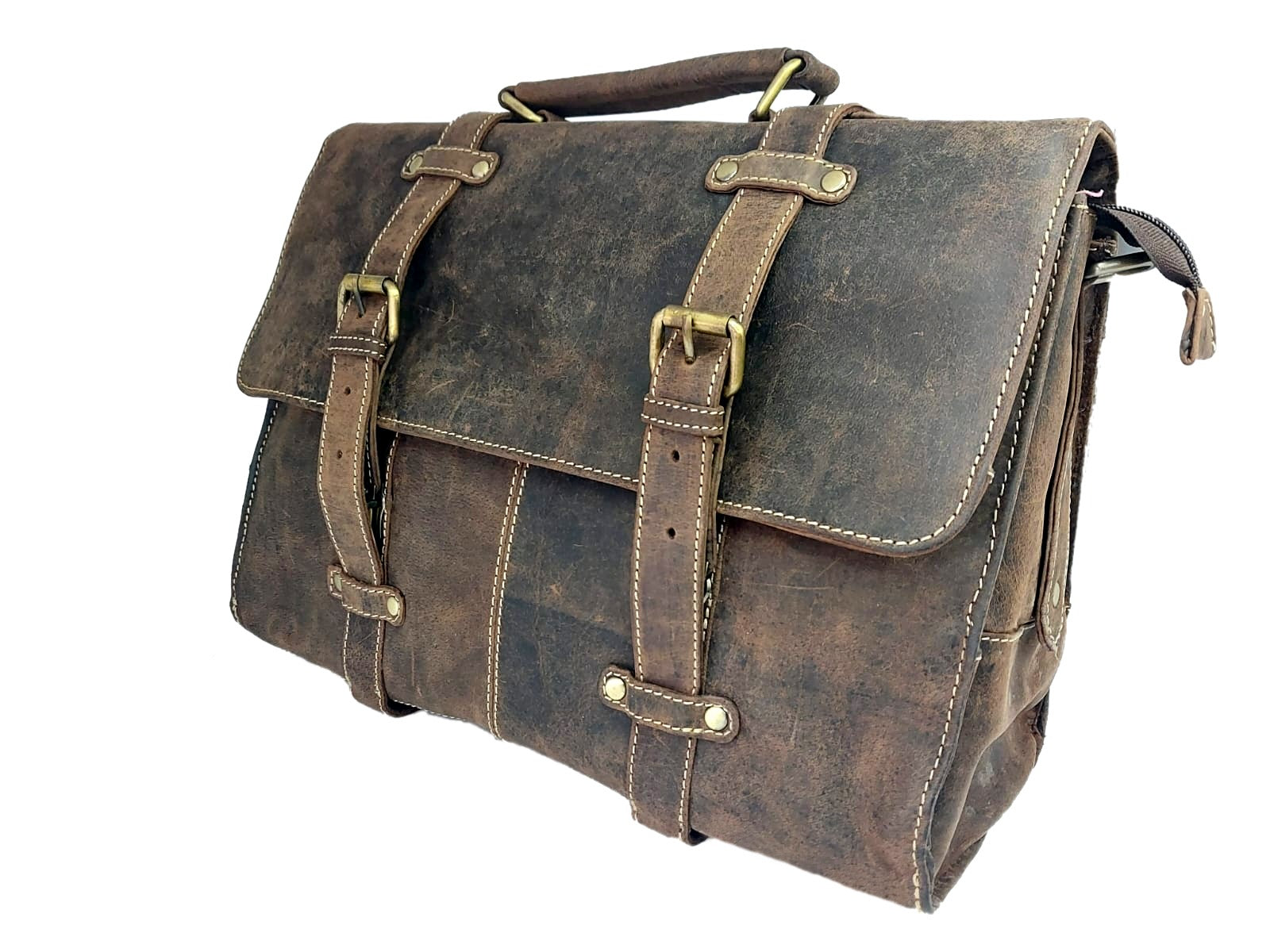 Genuine leather office laptop bag with gold buckles on a white background
