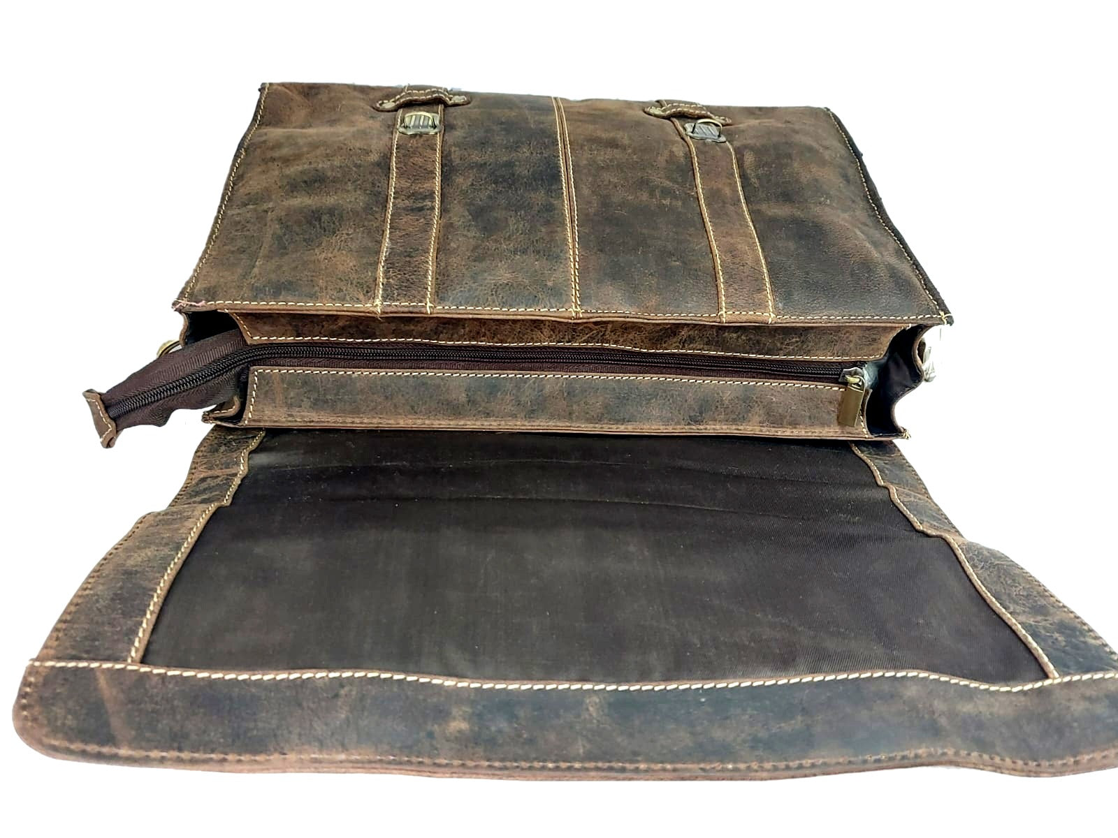 Genuine leather office laptop bag with gold buckles on a white background