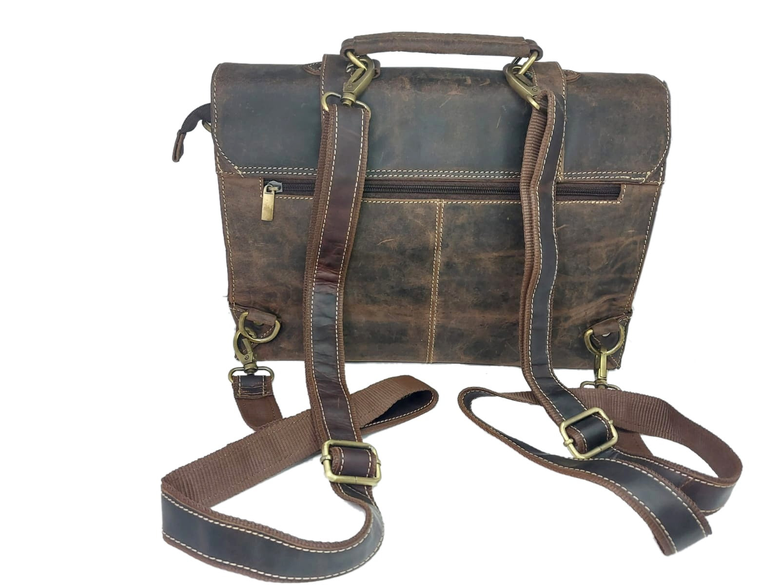 Genuine leather office laptop bag with straps on a white background