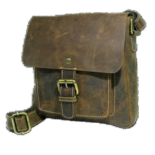 Brown genuine leather sling messenger satchel bag with gold buckles on a white background
