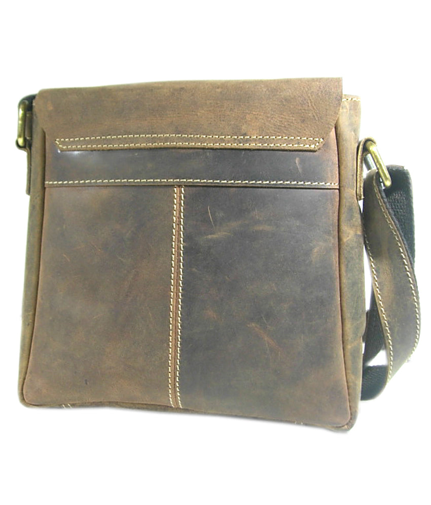 Brown leather crossbody bag with visible stitching on a white background